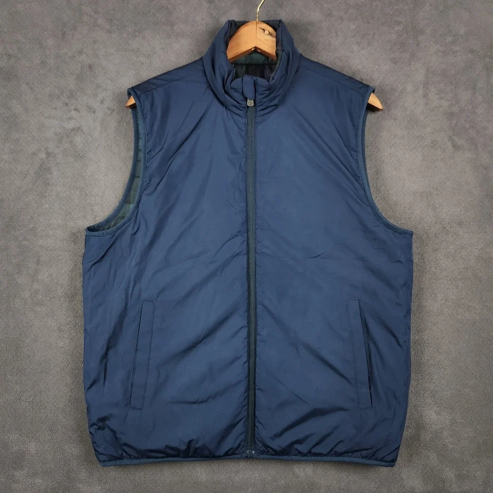 Brooks Brothers Black Watch Quilted Puffer Vest Mens Small Navy Plaid Reversible